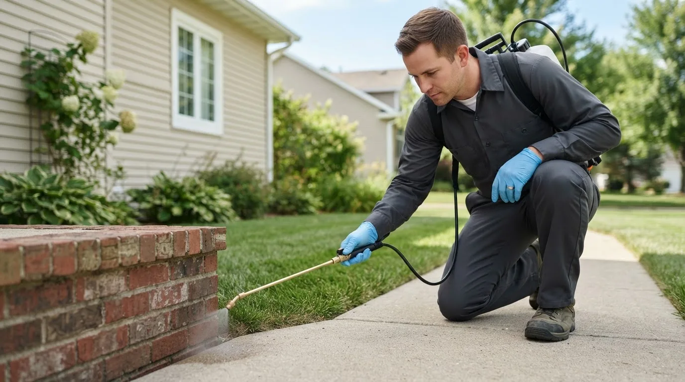 Pest control technician treating a home near Yancey, TX