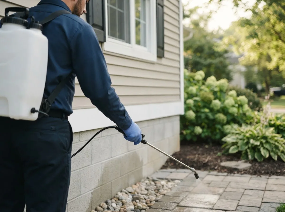 Pest control technician inspecting a home in Yancey, TX